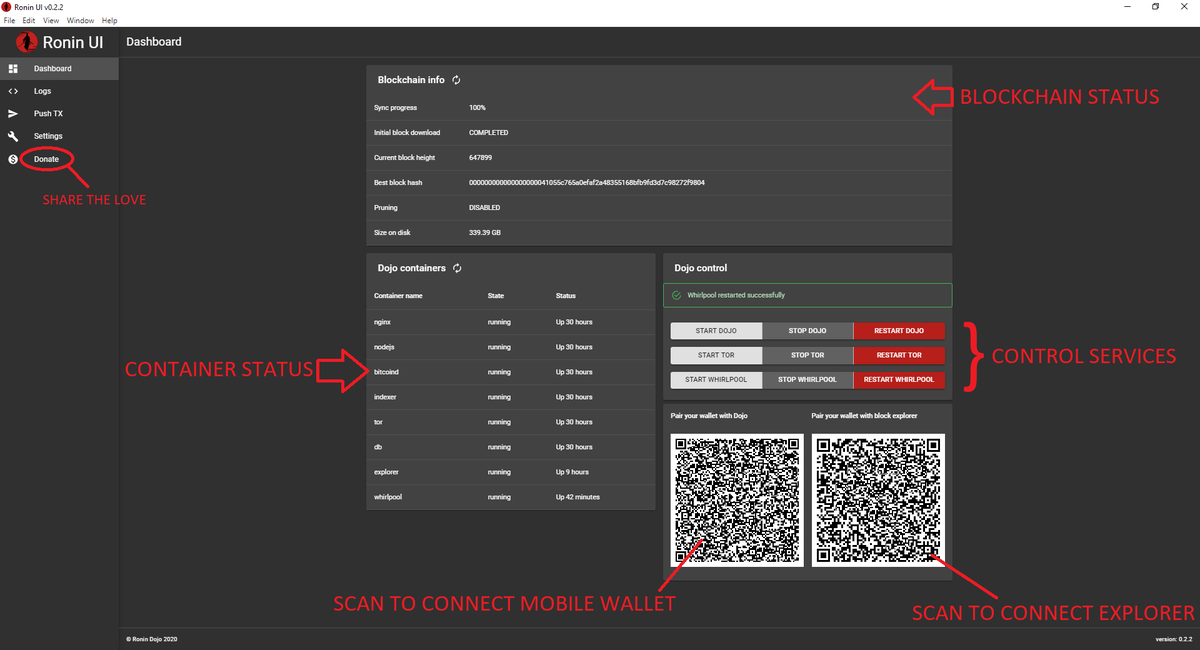 11/56 Where the SBC is running the Ronin CLI & the Dojo full node, your PC will be running the RoninUI & Whirlpool GUI. With the  @RonindojoUI a user can connect their  @SamouraiWallet via QR code, monitor logs, & more. With the Whirlpool GUI, mixes can be managed.