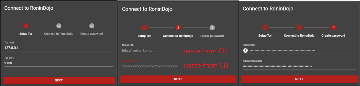 12/56 On a PC: Tor browser required. Download/verify RoninUI. Copy/paste Tor credentials from Ronin CLI. Create password. Now SW can be paired to RoninUI. Download on Android, select main-net & Tor, select Connect to existing Dojo, scan QR from  @RoninDojoUI.