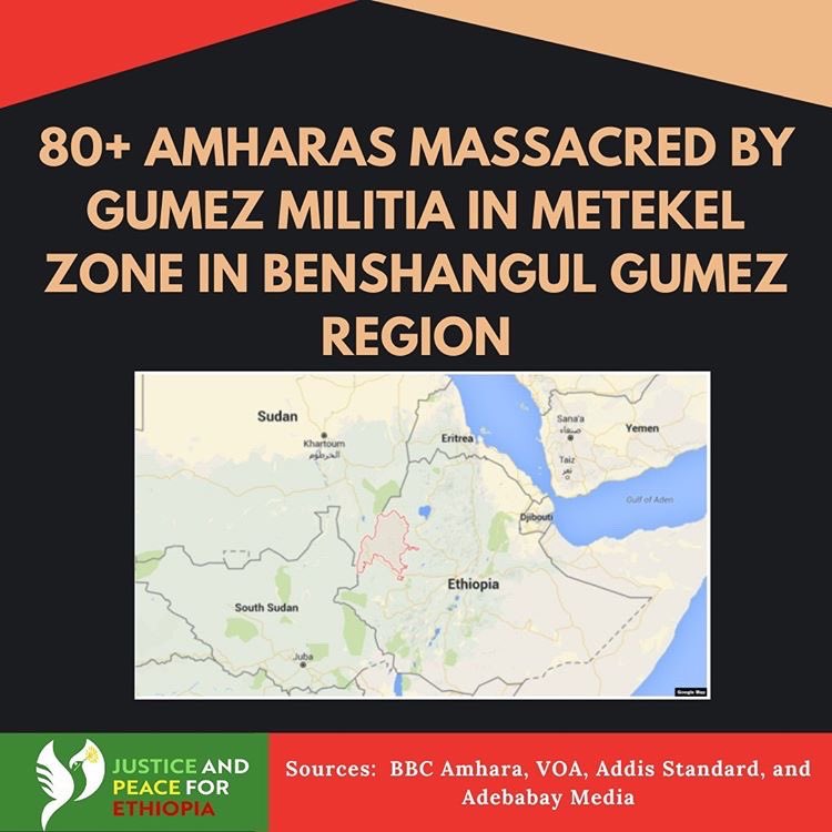 JP4Ethiopia's tweet photo. 80+ Amharas Massacred by Gumez Milita in Metekel Zone in Benshangul Gumez Region. The Gumez Militants targeted civilian community memebers in Bulan Woreda, an area where Amhara, Shinasha, Gumuz, and Agew ethnic community members reside. #Ethiopia https://t.co/nAzMq0gHgz