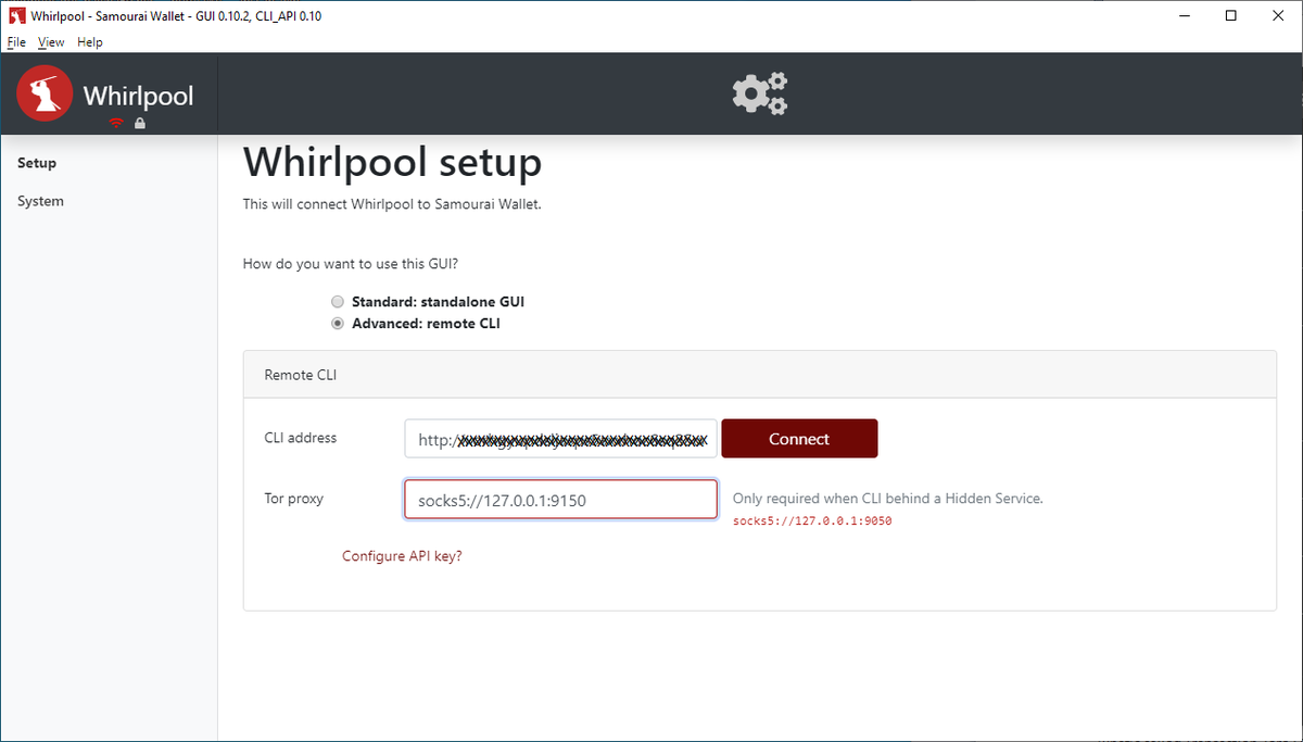 15/56 On the same PC as  @RoninDojoUI, download the Whirlpool GUI. Ensure Tor browser open. In RoninUI select Start Whirlpool. In WhirlpoolGUI select Remote CLI. Copy/paste Whirlpool URL from RoninUI, leave API key blank. Press connect. https://wiki.ronindojo.io/en/gui-setup/step4