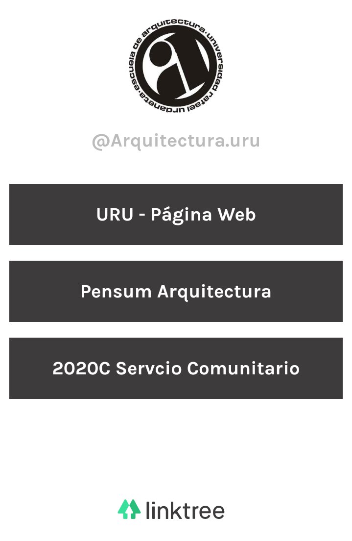 #Atención  Acceso directo a la información que necesitas.. Página Web @NotiURU, Registro al Servivio Comunitario, Pensum de la Escuela de Arquitectura,  eventos y descargables de interés!!  

Link en la biografía  linktr.ee/Arquitectura.U…