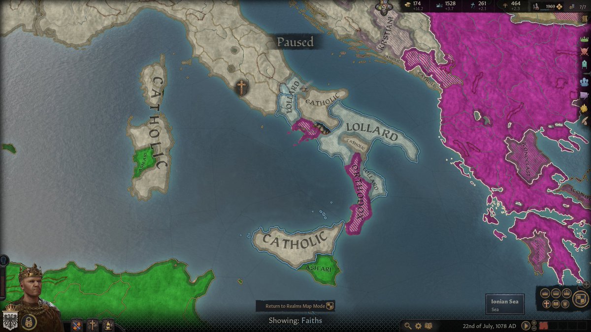 148. My subjects are sick of war, and it's beginning to annoy them. I need to spend some years consolidating my conquests of Sicily and southern Italy. As I've mentioned, my biggest challenge is the religious and ethnic diversity of my new kingdom.