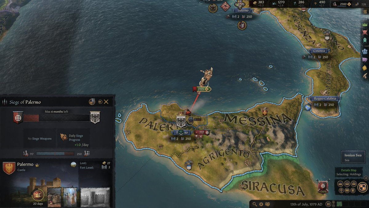 152. I defeat the peasant rabble easily in Naples, but the mobs from Calabria have besieged my capital Palermo. Once my army arrives, however, they are quickly dispersed.