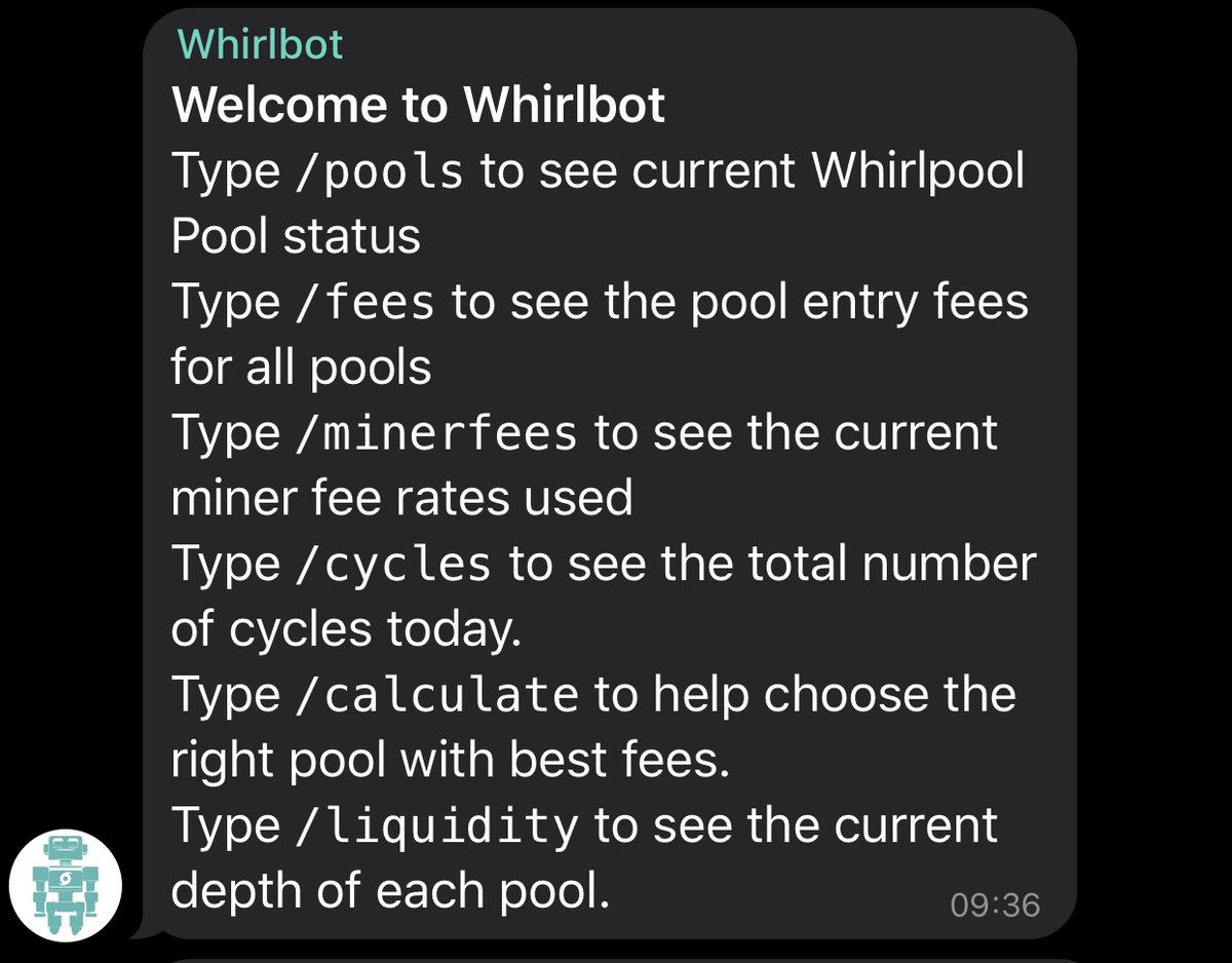 24/56 Whirlpool stats can be monitored anytime by sending @SW_whirlpool_bot a DM on Telegram using the pictured commands. Be sure to check out this guide by  @Crazyk_031  https://t.me/SWInformational/502