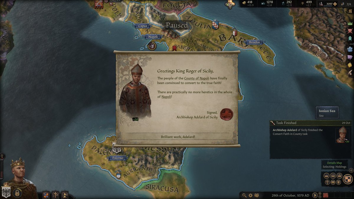 154. Not long afterwards, my bishop succeeds in converting the Greek Orthodox in Naples to Catholicism. That should help defuse, or at least limit, future unrest from that quarter.