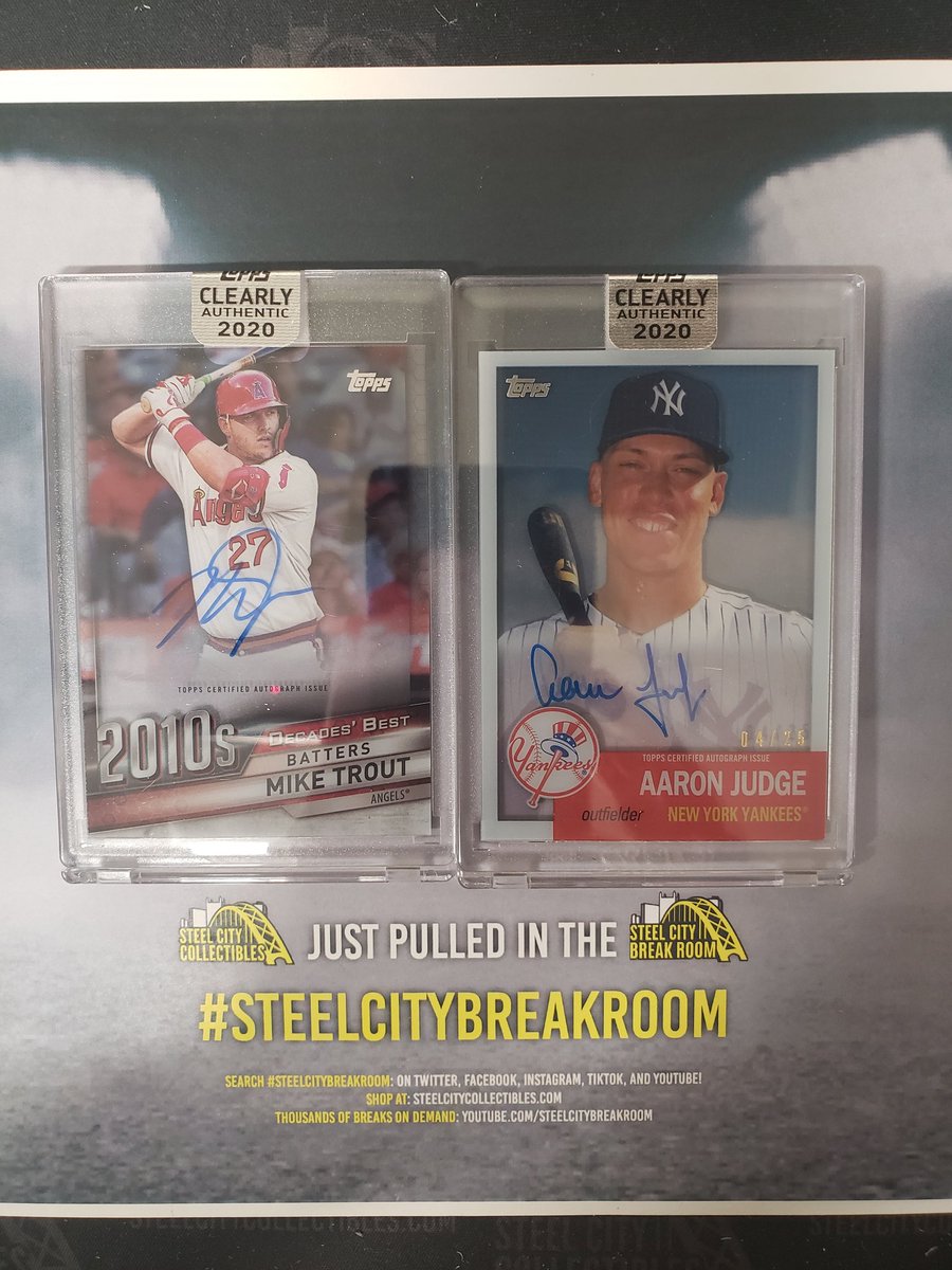 SCCTradingCards's tweet photo. Fish On ! All Rise ! Monster hits from @Topps #ClearlyAuthentic of @MikeTrout @TheJudge44 hit in our #SteelCityBreakRoom #TylerPullsFire #BaseballCards https://t.co/Hqq6ewRRda