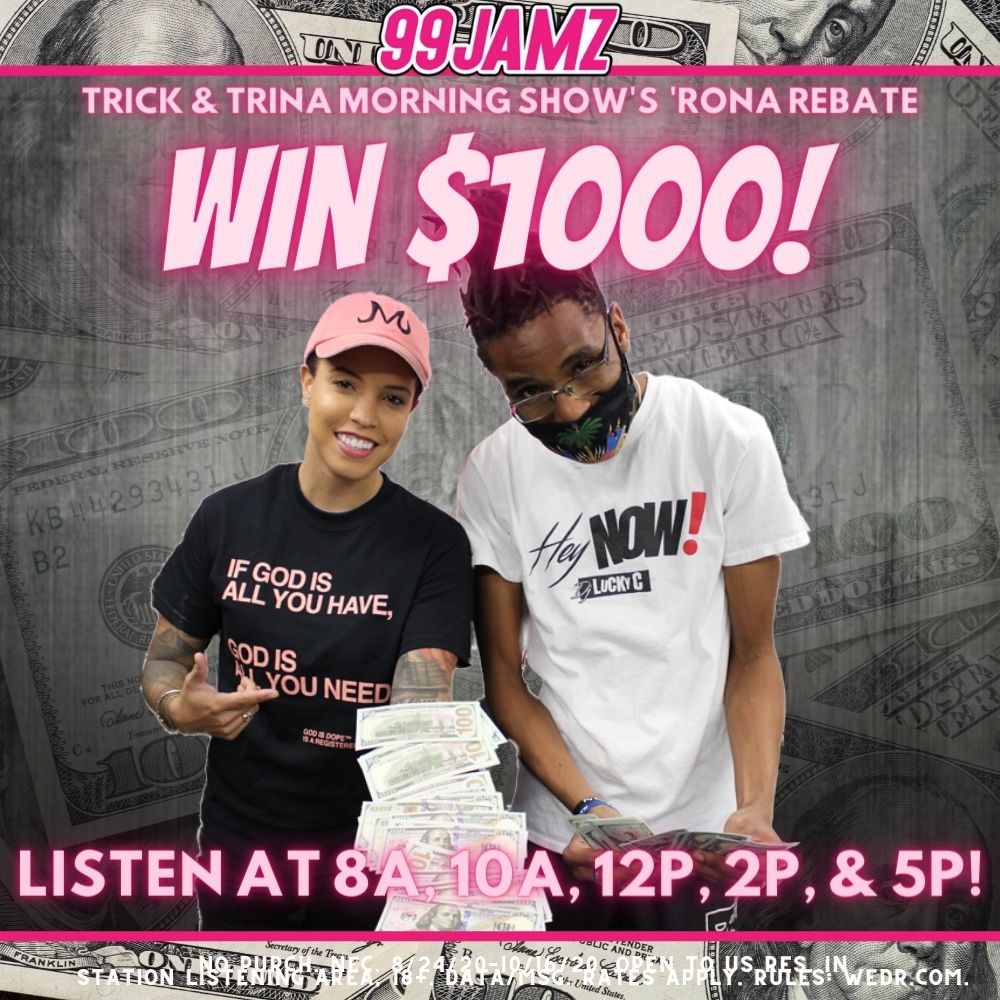 99JAMZ's tweet photo. The #TurnUpPatnaz @shejhercules @djluckyc want to hook you up with Trick & Trina's #1KRonaRebate! Check-in with the JAMZ Squad weekdays at 8AM, 10AM, 12N, 2PM & 5PM for the keyword then text it to "70123" to earn BIG MONEY! DETAILS: https://t.co/ghmdCqrtoy #WEDR #99JAMZ https://t.co/Vdl2Wtc301
