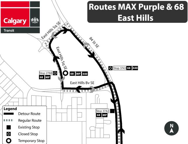 calgarytransit's tweet photo. #CTRiders DETOUR #Route68, #MaxPurple, &amp; #Route440 Starting Mon, Sept 21 at 9 a.m. and continuing until Fri, Sept 25 at 3 p.m., northbound 84 Street S.E. north of East Hills Boulevard S.E. will be closed. Stop# 3743 &amp; 2788 will be temporarily closed. https://t.co/xUo0Q8jToj https://t.co/yYq0YLbSgb