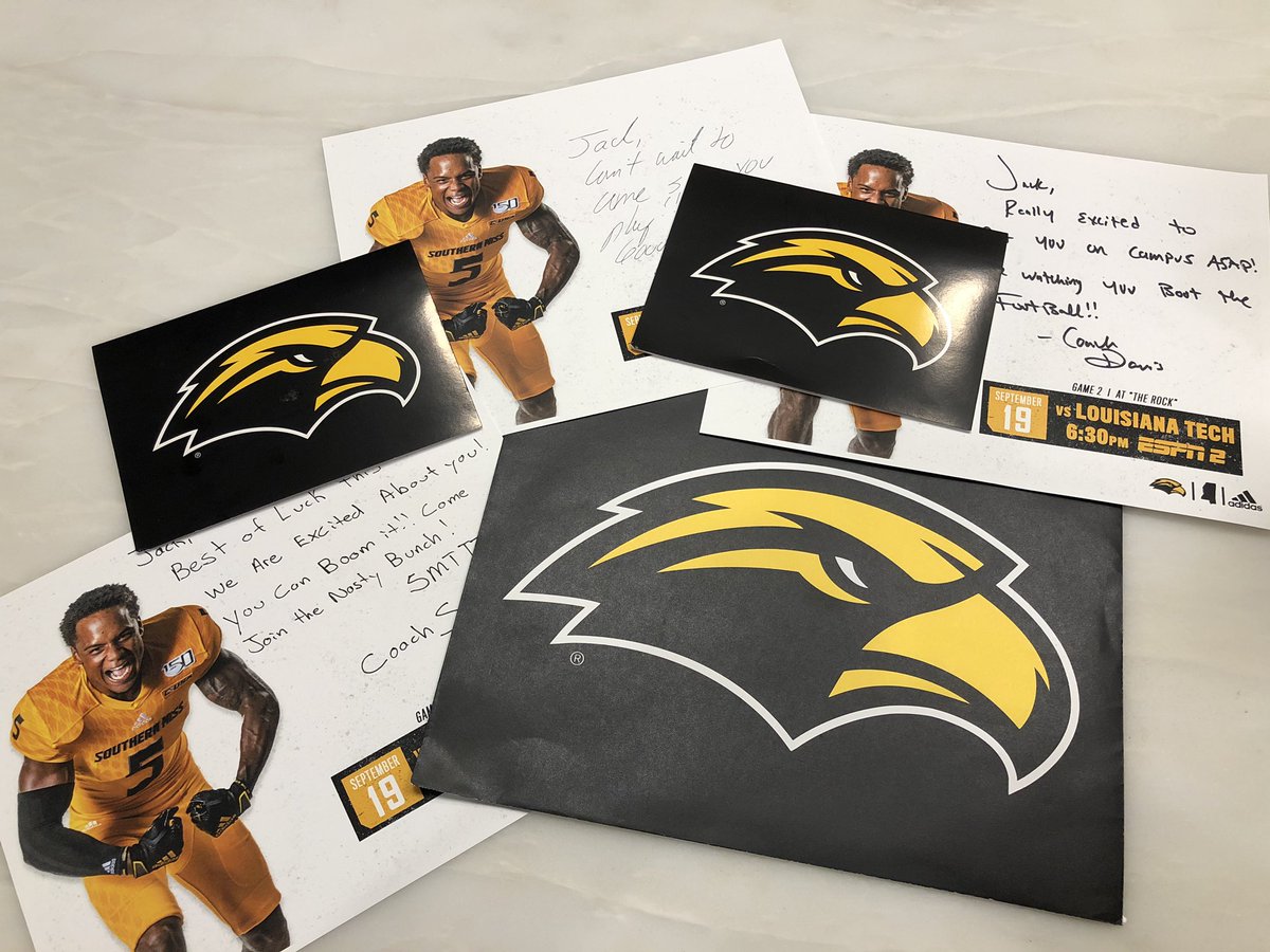 jackrtannehill's tweet photo. Thankful for the letters from @SouthernMissFB and glad I got to get on the phone with @coachstringer and @USMCoachSW tonight! Thank y’all so much! #SMTTT https://t.co/XHaTFIeDg1