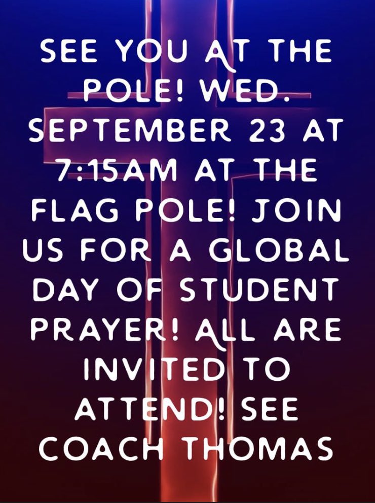 PVSFCA's tweet photo. Join us for See You At The Pole next Wednesday, Sept. 23rd at the flag pole at 7:15! All are welcome to attend! #SYATP2020 #FellowshipofChristianAthletes https://t.co/gCcNqebT6l