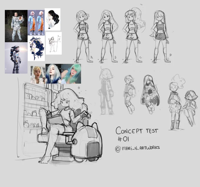 Starting my concept tests for the mid Project for the FDA Course at @skilltreecursos ! 
Her name is Stela and she's the protagonist! ( and some spoilers about the theme at the mood board ?✨) 