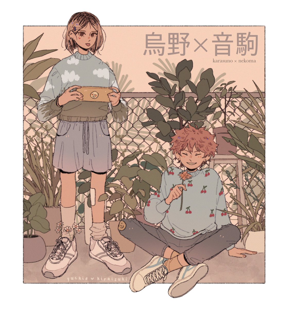 ? dear followers, today i offer you kenhina wearing lirika matoshi sweaters and ?lots of plants? #haikyuu #kenhina 