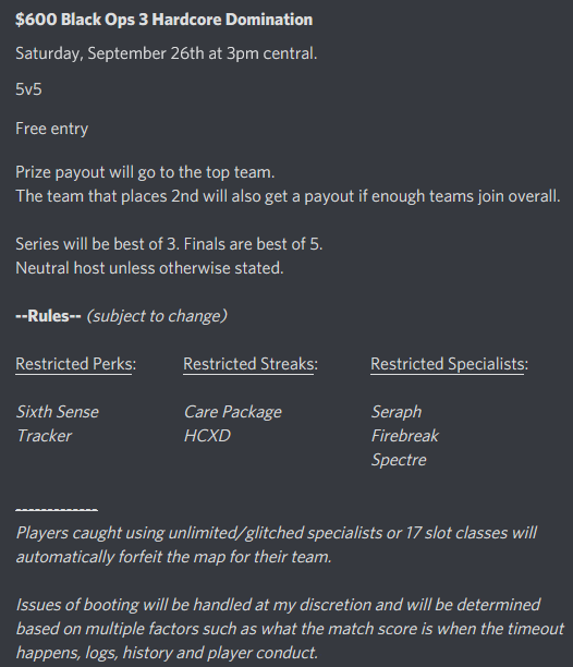 $600 BO3 HC Tournament postponed until Saturday Sept. 26th at 3pm central due to the surprise release of the Cold War alpha this weekend. 6 Teams have signed up so far. Dm if interested. <a href="/EnvyOurXcellnce/">EoX™</a> <a href="/Violant/">violant</a> @ClRQEZ <a href="/Vixseyy/">Vixsey</a> @zSafty @xDohqo <a href="/xoDamnYou/">Jacob</a> @xcytii <a href="/CallofdutyHC/">HC COMMUNITY OF CALL OF DUTY</a>