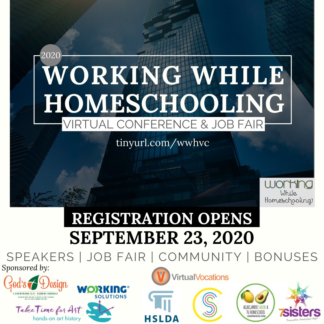 JulieMendez's tweet photo. Coming soon! 2020 Working While Homeschooling Virtual Conference &amp; Job Fair - job search and work/homeschool/life balance. 12+speakers, 20+ seminars, lifetime access. Early Bird Ticket Sale $15 begins Sept 18th)
https://t.co/gtR3cnmr3j #WWHConference #WorkingWhileHomeschooling https://t.co/C7z5qXn8G8