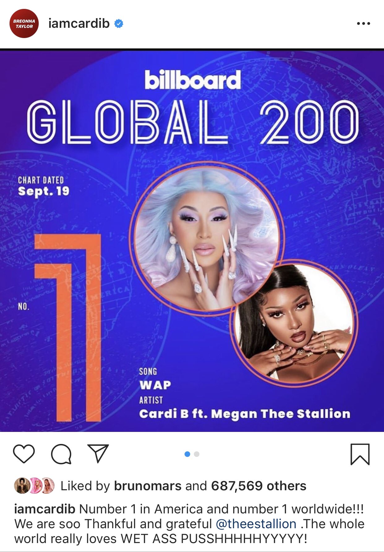 Fan Account  #BLM 🫵🏾 on X: Bruno Mars, Doja Cat & Megan liked Cardi's  post on Instagram.  / X