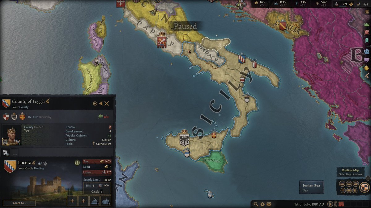 167. By 1081, the addition of Foggia has further expanded my kingdom. But all of these challenges, along with the death of many of his aging siblings, has caused King Roger to be very stressed out. It's starting to pose a mounting danger to his health.