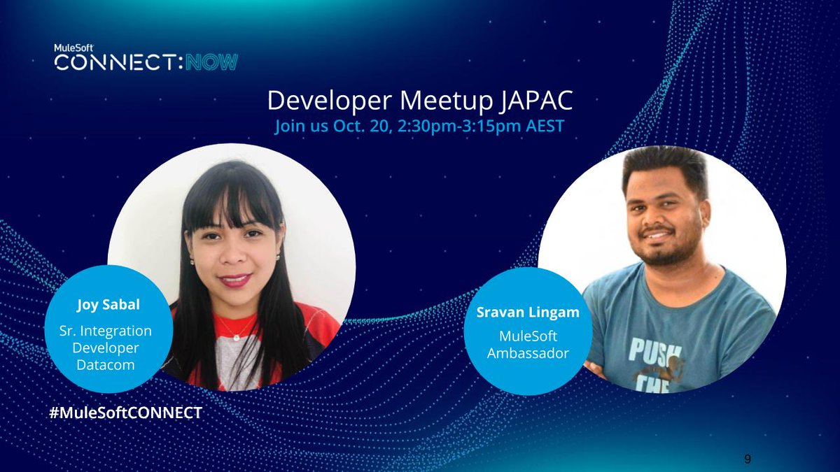 MuleDev's tweet photo. Introducing our Developer Meetup at #MuleSoftCONNECT:Now JAPAC speakers! Mary Joy Sabal and @Sravan will present technical use cases on Maven Archetypes and Object Store v2. Register today! https://t.co/o5xs4iASxC https://t.co/QvH6zQv8t3