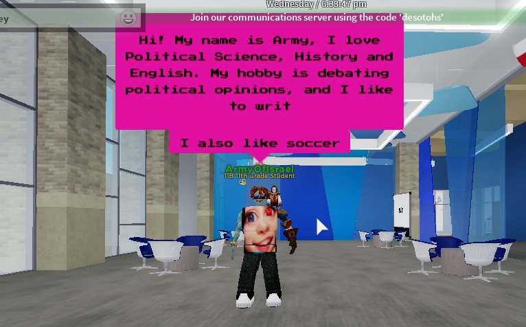 ABrookerson's tweet image. Students actively engaged in our Introduction Activity for the start of the 2nd Quarter. I learned so much about the students, can't wait to start my lesson. @desotohs_rblx #English3 #RobloxLearning #DHSRBLX #OnTop #English3Rocks #EngagingActivity #StudentIntroductions