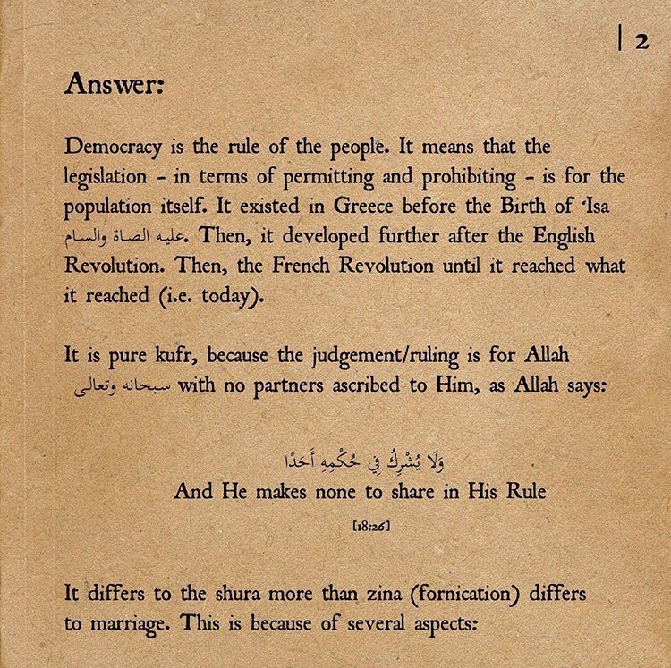 On the issue of the kufr of democracy as well as the misinformed objection of from some as they pose that democracy is like Shura(islamic council), Sheikh Nasir Al Fahd wrote the following: