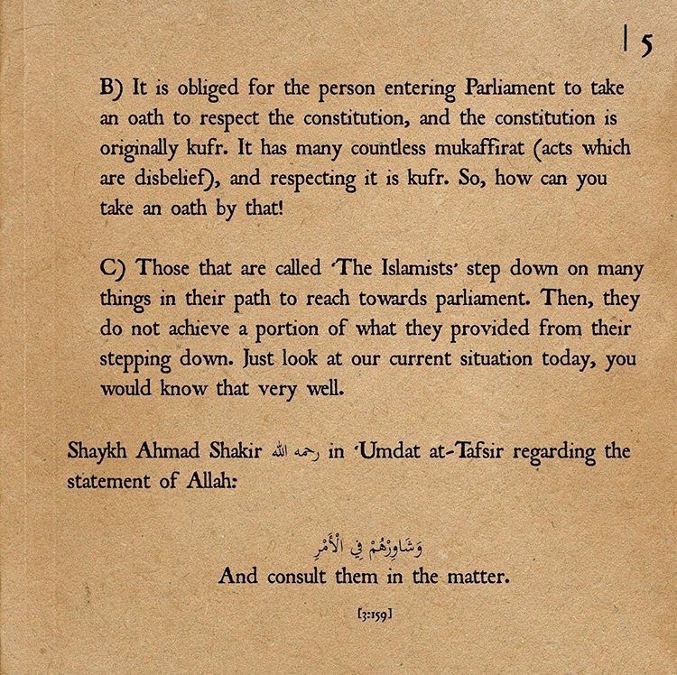 On the issue of the kufr of democracy as well as the misinformed objection of from some as they pose that democracy is like Shura(islamic council), Sheikh Nasir Al Fahd wrote the following:
