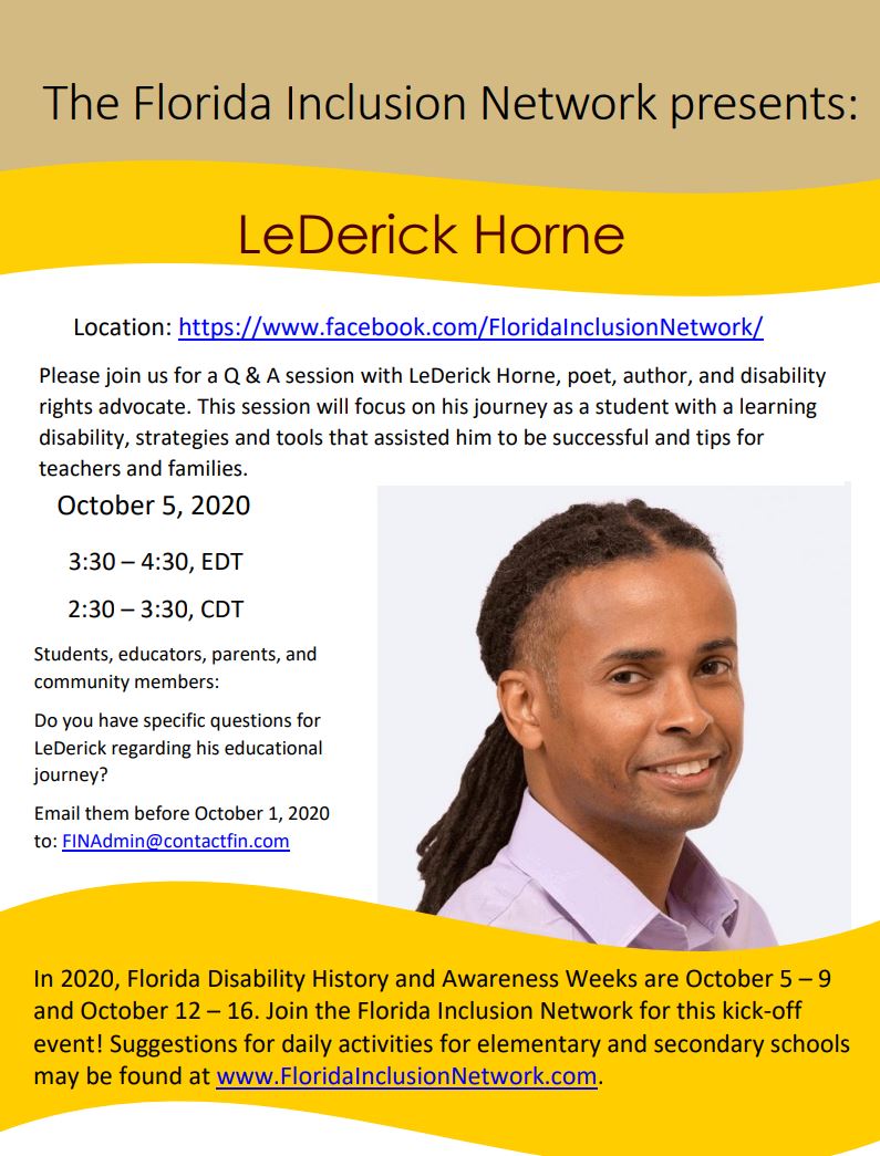 FIN_Statewide's tweet photo. Please join us for a Q &amp; A session with LeDerick Horne. This session will focus on his journey as a student with a learning disability, strategies and tools that assisted him to be successful and tips for teachers and families.
https://t.co/z9t8bRr1hh https://t.co/RzqRELEDTW