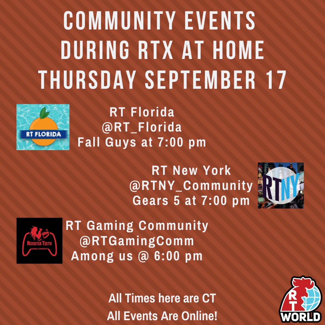 RTW_Community's tweet photo. RT Communities are keeping up their events even during #RTXatHome 
So, tonight...
- @RT_Florida is playing Fall Guys
- @RTNYCommunity is playing Gears 5
- @RTGamingComm is playing Amount Us
All details are on our community calendar: https://t.co/rlwhIOcCti #RTWCC https://t.co/F5G1DLty4n