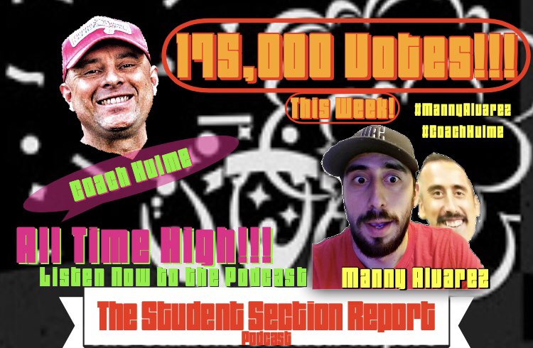 CoachHulme's tweet photo. 175,000 VOTES!

Milestone this week on @StudentSectRep ! Over 175,000 Votes in one week... THANK YOU USA!!! We are GROWING!!!
⁣
Follow us &amp; listen to the Podcast!
⁣
@MAlvarez02 @CoachHulme

#studentsectionreport #thestudentsectionreport ⁣
#MannyAlvarez #CoachHulme #ChrisHulme https://t.co/T94iVVq2DZ