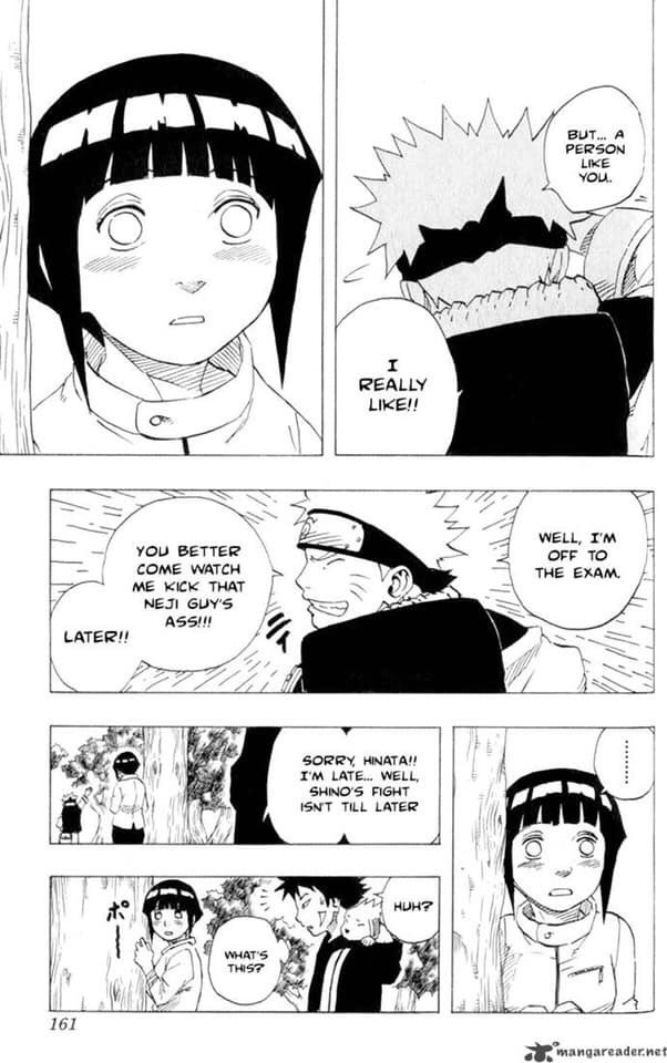 THIS SCENE Before fighting Neji, Naruto was very frustrated. Then, he got better because of Hinata's words.