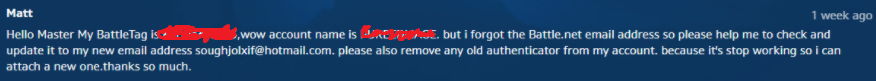 MattyKarma's tweet photo. @Thedagda1988 @BlizzardCS Also, not once have they even tried to verify with my authenticator or SMS protect. But somehow these tickets work (you can submit tickets without signing in). https://t.co/OQDyOdNKsd
