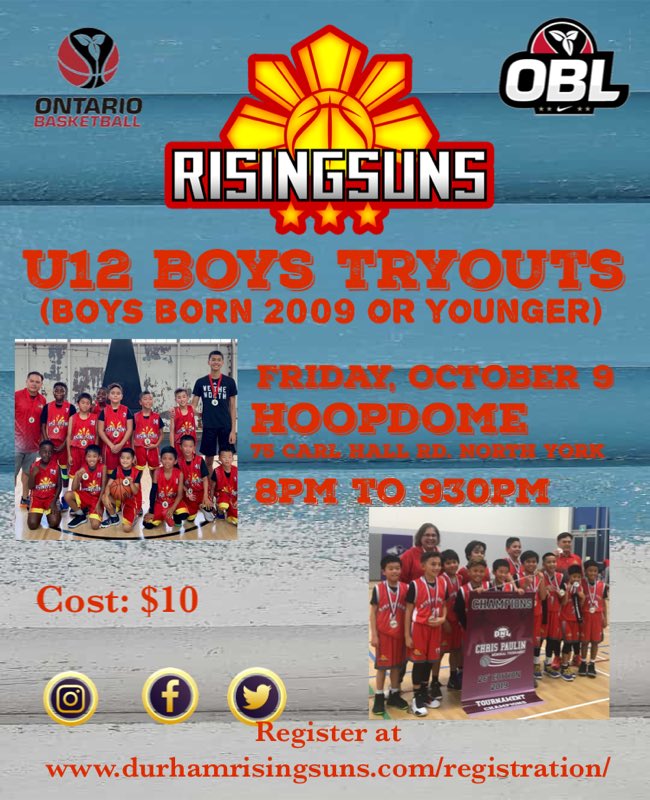 U12 Boys Tryouts
Boys born 2009 or younger
When: Friday, October 9
Time: 
On-site: 7:30 
On Court: 8:00pm to 9:30pm
Where: Hoopdome- 
75 Carl Hall Rd. Toronto
Tryout fee: $10
All players must register online. 
durhamrisingsuns.com/register/