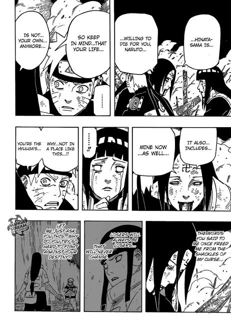 Neji's death that risked his own life. Neji's death made both of them depressed and sad. However, Hinata tried to revive Naruto using her words