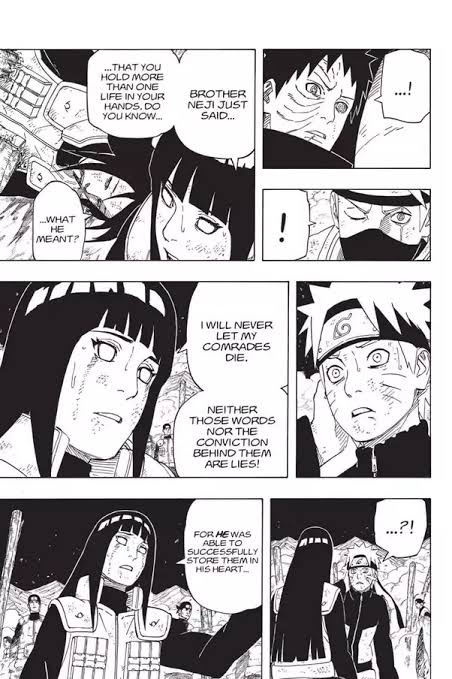 Neji's death that risked his own life. Neji's death made both of them depressed and sad. However, Hinata tried to revive Naruto using her words