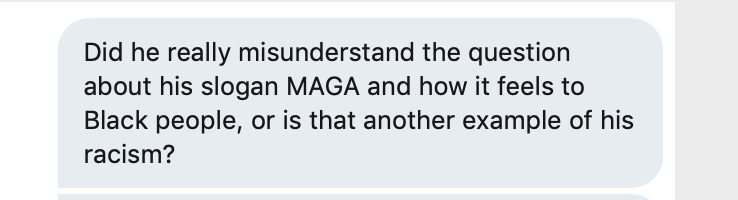 10/ I don’t think he misunderstood He honestly doesn’t think there is a race problem.In his answer to this question, MAGA people will hear truth.Barr said the same thing when he said yes, Blacks are treated differently in the criminal justice system, but there is no racism.