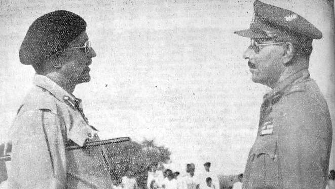 General Jayant Nath Chaudhari (on the right) led the First Armoured Division of the Indian forces which tore through the Nizam's defences from Solapur accepted the official surrender on 18th September from General El Edroos. He later became Army Chief.