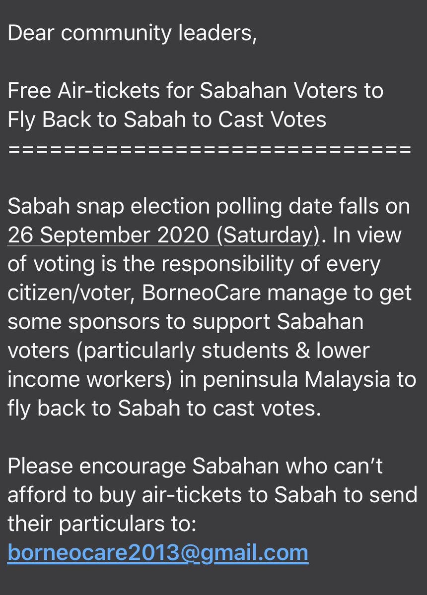 If you are a Sabah voter on the Peninsula, want to get home to vote, and cannot afford a ticket — particularly for students and low income workers — please read this. It’s been vetted, so we know it’s legit. RT to spread.  #kitajagakita    #SBHBGKT