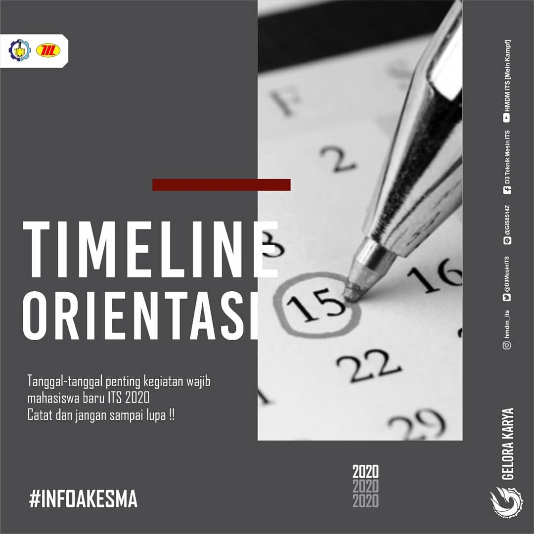 hmdmits's tweet photo. [ TIMELINE ORIENTASI]

Salam! 
Kawan kawan Mahasiswa Baru

Bagaimana kabarnya, jangan lupa catat tanggal-tanggal penting orientasi. 
Ikuti alur dan prosesnya, dan segera beradaptasi dengan lingkungan yang baru.

#Reminder
#InfoAkesma
#GeloraKarya
#HMDMITS
#ITSSurabaya
#2020 https://t.co/ACCsRDpKgC