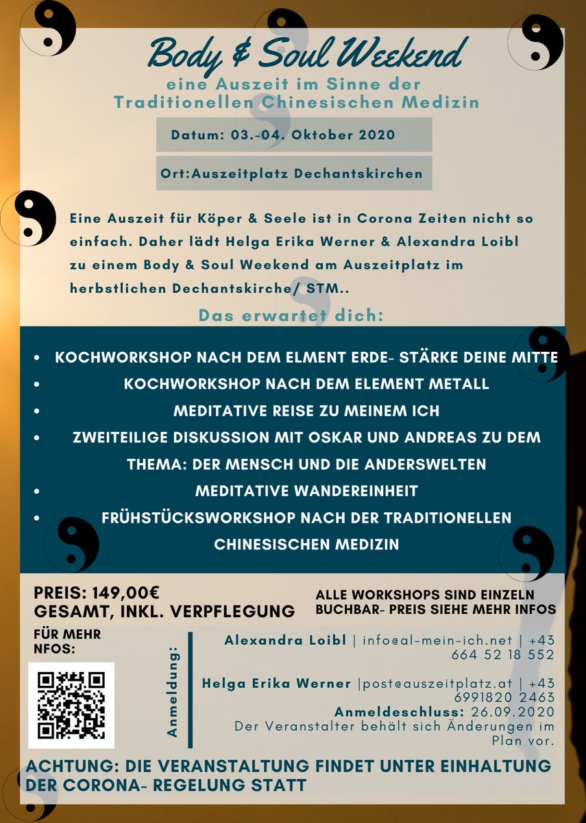 texashelga's tweet photo. Body & Soul Weekend. Am Oststeirischen Auszeitplatz erwarten euch 2 Tage für die #Gesundheit deines Körpers und deiner Seele. Anmeldung oder Fragen an : Post@auszeitplatz.at
#tcm #kochworkshop #körper #Seele #Achtsamkeit #meditation #anderswelten https://t.co/gl00iTyA13