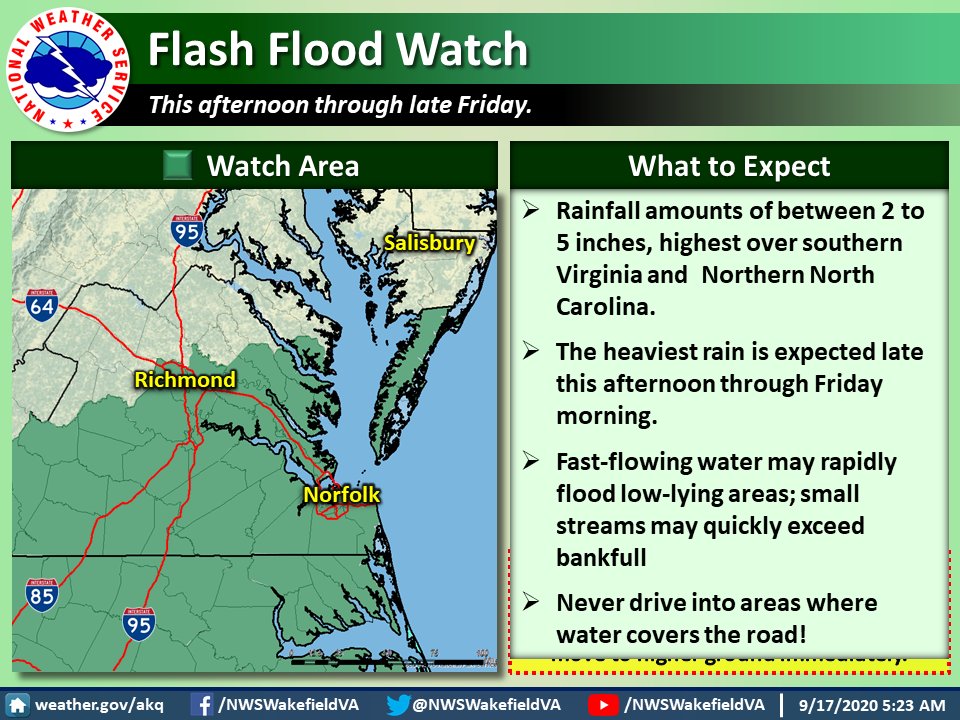 NWSWakefieldVA's tweet photo. The rain associated with Sally will overspread the area this morning and become heavy at times this afternoon through Friday morning. The heaviest rainfall will be across southern Virginia and northern North Carolina.  The rain becomes much lighter Friday afternoon. https://t.co/h6xR3jdy8r