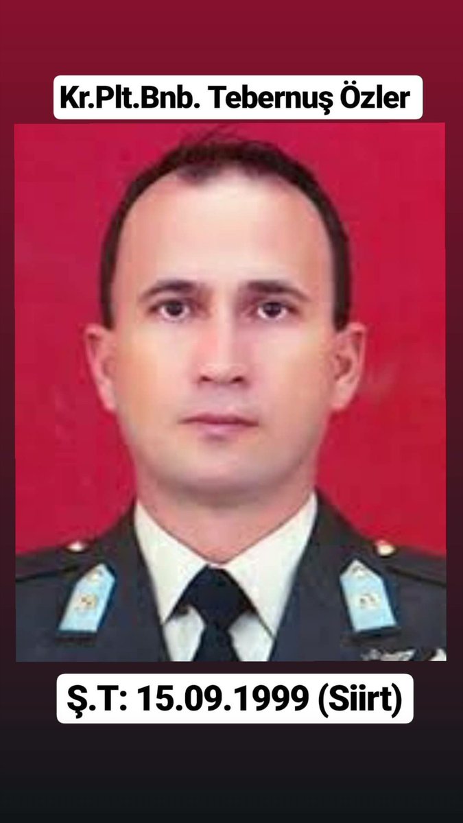 15 Eylül 1999 yılında Siirt'te içinde bulunduğu  helikopterin düşmesi sonucu, Taarruz Helikopter Taburunun ilk Cobra  pilotlarından Kara Pilot Binbaşı Tebernuş Özler şehit olmuştur.Saygı ve Minnetle Anıyoruz #tebernuşözler#15eylül1999
🇹🇷🇹🇷🇹🇷🇹🇷🇹🇷🇹🇷🇹🇷🇹🇷🇹🇷🇹🇷