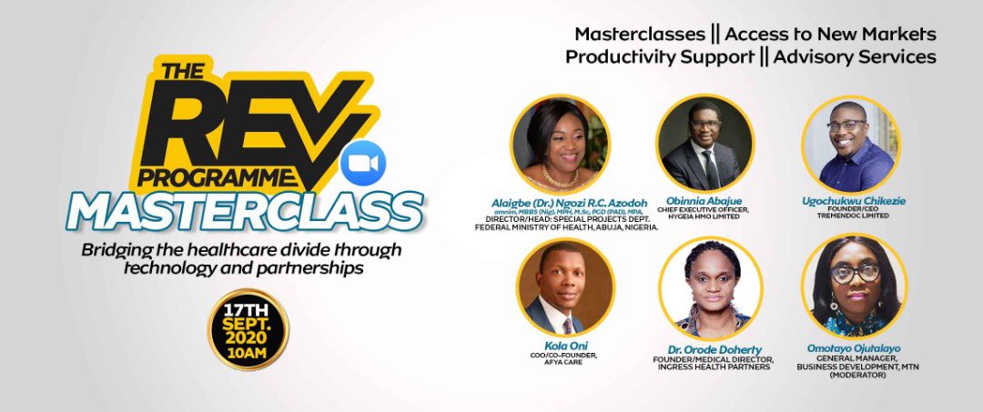 Guys, today’s MTN Revv programme masterclass is on and you can join. Today’s topic is “Bridging the healthcare divide through technology and partnerships”. This masterclass is for every SME and business inclined individuals. Join via this link >  https://us02web.zoom.us/j/8756792... href=