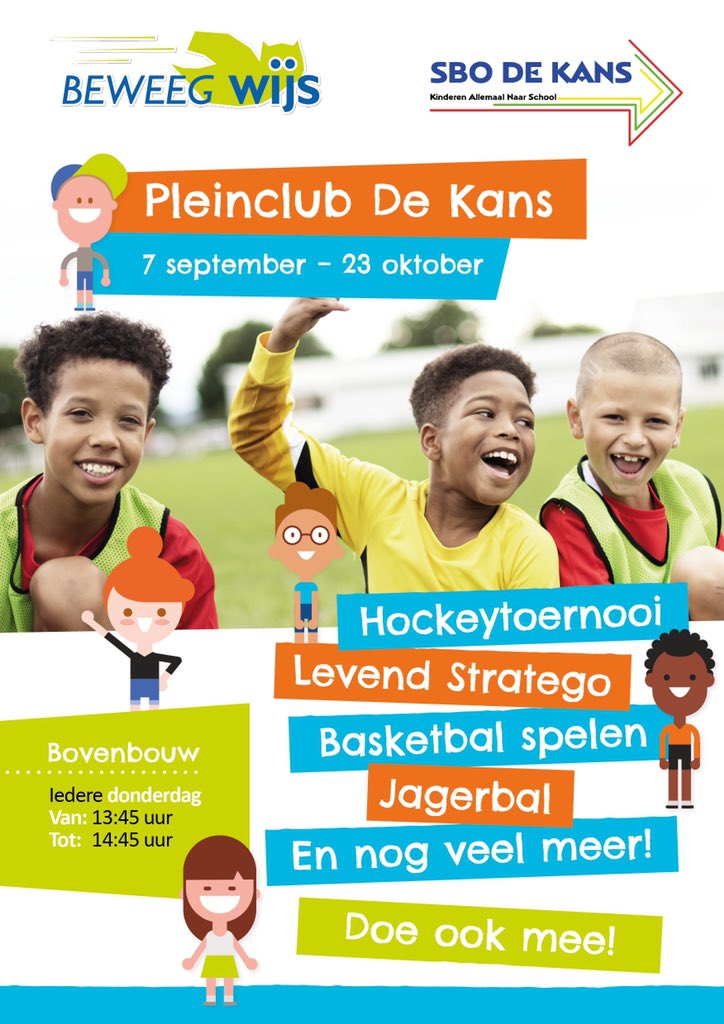 Pleinclub De Kans

Met de leerlingen van de midden- en bovenbouw van <a href="/SBODeKans/">SBO De Kans</a> doen we elke maandag- en donderdagmiddag na schooltijd ontzettend leuke sport- en spelactiviteiten. @BeweegWijs 

Wij hebben er ontzettend veel zin in! ⚽️🏀🏈⚾️🎾🏉🏸🏑