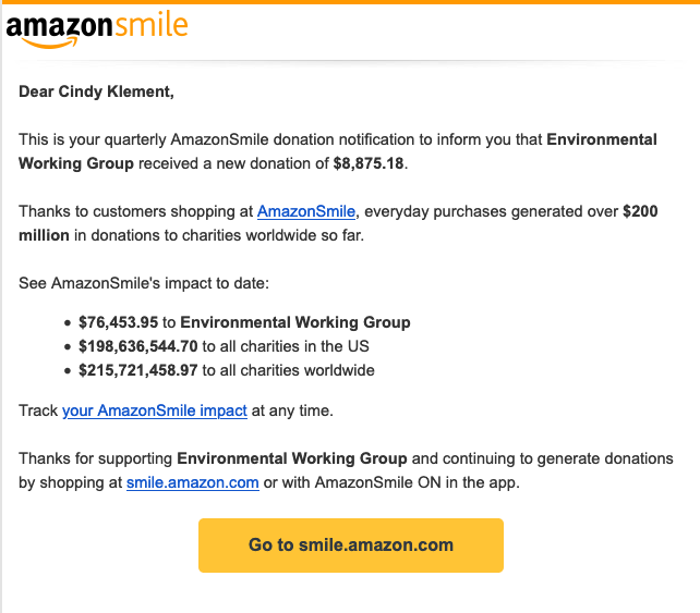 cindyklement's tweet photo. Do you know you can go to https://t.co/OVfgAfPkci to make purchases and Amazon will donate to your charity or nonprofit of choice? My recent choice has been the @ewg because of the work they do to educate on the #bodyburden. 
@EWGPrez @amazonsmile https://t.co/ixEPiSR5t8 https://t.co/7hJWRerPsJ