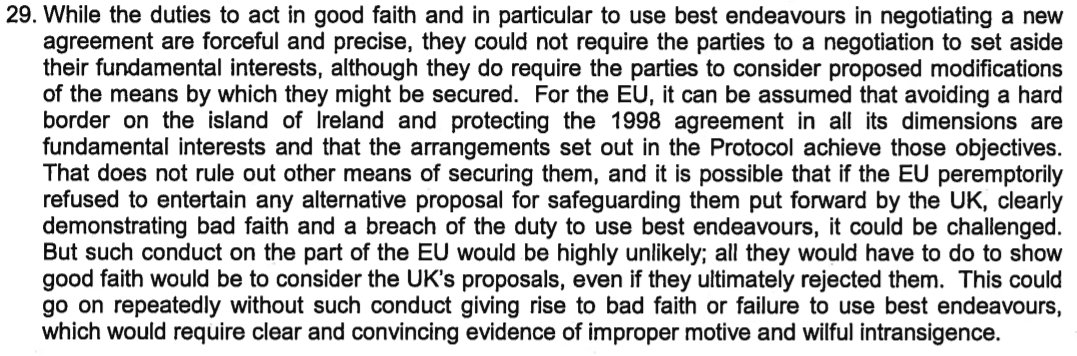 This is because good faith as set out in the WA is a legal concept. The bar to breaching this is quite high - the EU simply has to consider proposals not accept them. As then AG Cox set out in his legal advice on the protocol at the end of 2018 (2/3)  https://www.gov.uk/government/publications/exiting-the-eu-publication-of-legal-advice