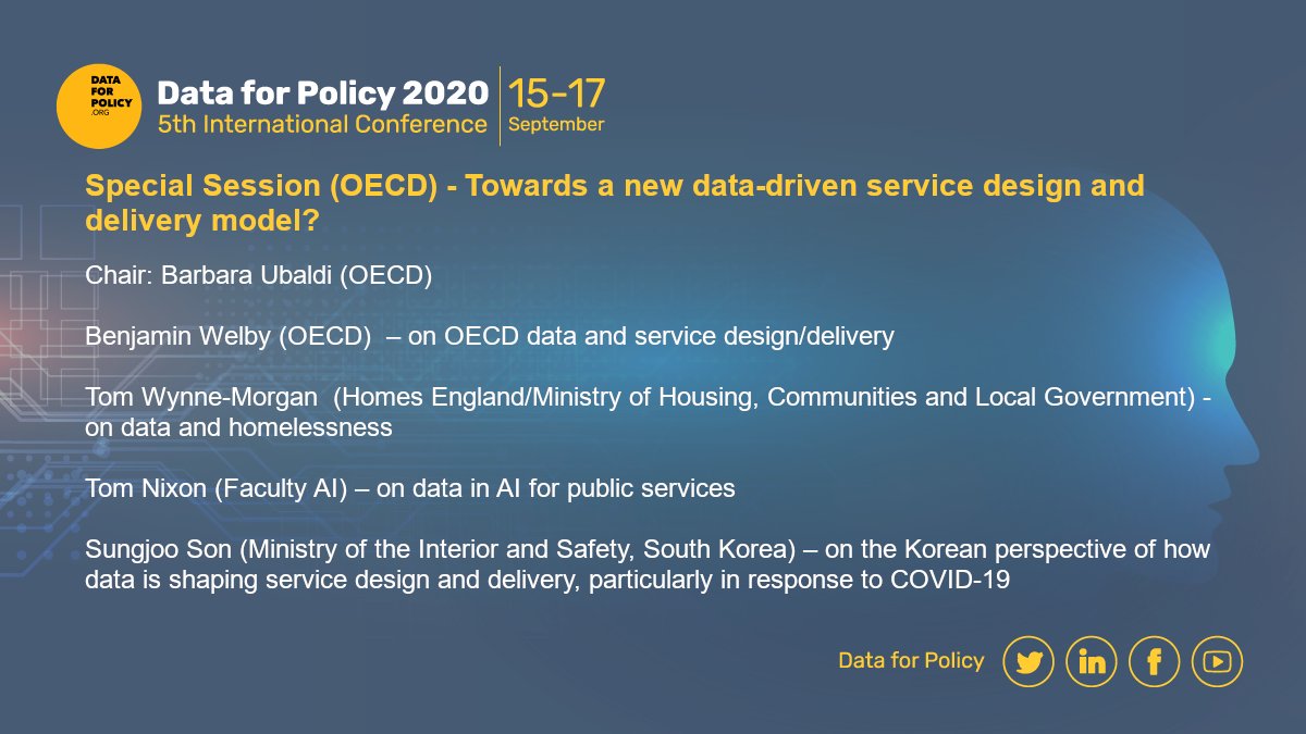 dataforpolicy's tweet image. Pleased to announce our Special session at #DataforPolicy2020 “Towards a new data-driven service design and delivery model”, chaired by @BarbaraUbaldi from @OECD is on now.