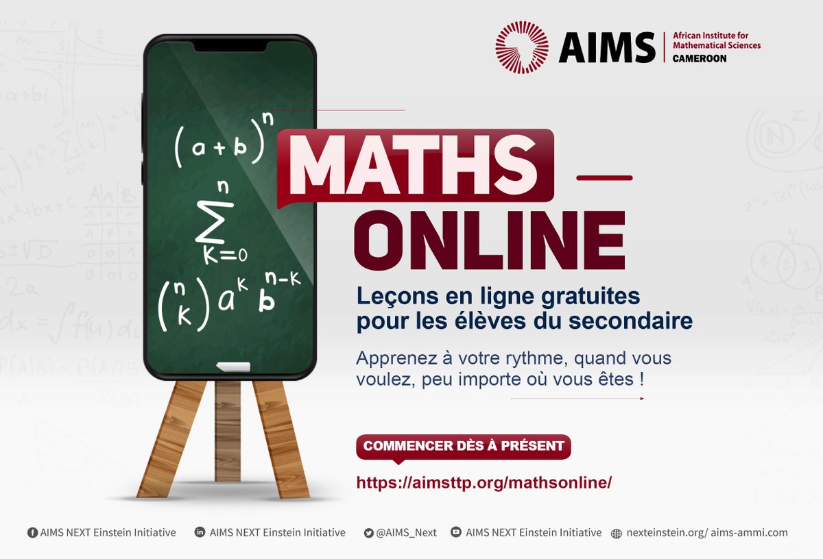 AIMS_Next's tweet image. Visitez lnkd.in/dJETwQq pour en savoir plus!

#MathsOnline
#AIMSTTP