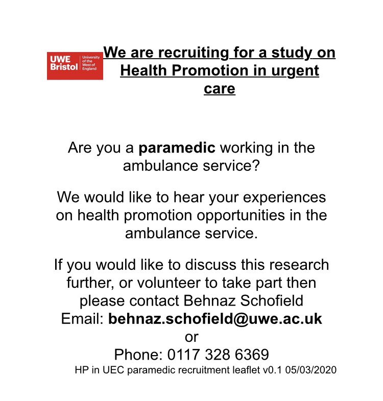Calling all ⁦<a href="/swasFT/">South Western Ambulance Service</a>⁩ paramedics, would you be willing to help with this study please? 💫
