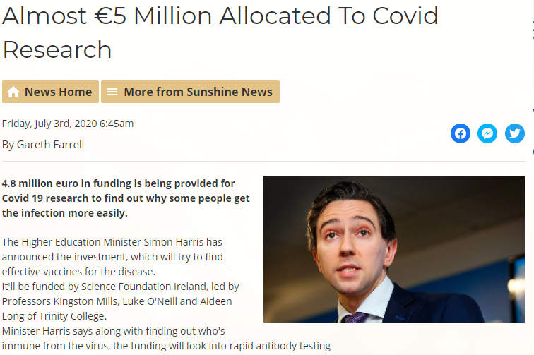 O’Neill’s team at TCD is said to be “working flat out” on Covid-19 treatments. O’Neill says “Sitryx is interested in our work”.In July, the Irish government awarded €4.8 million to a team of researchers, including O’Neill, for work which might lead to Covid-19 vaccinations.