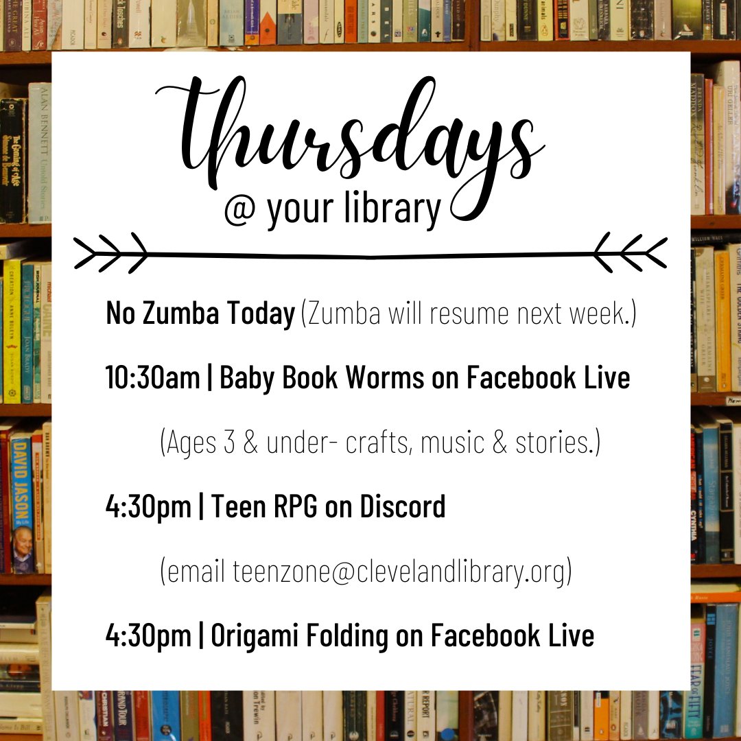 Thursday at your library! #zumba #baby #babybookworm #books #storytime #babycrafts #rpg #teenprograms #dungeonsanddragons #teens #origami #papercraft #paperfolding #origamiart #library #libraryprograms #read #reading #clevelandtn #thursday