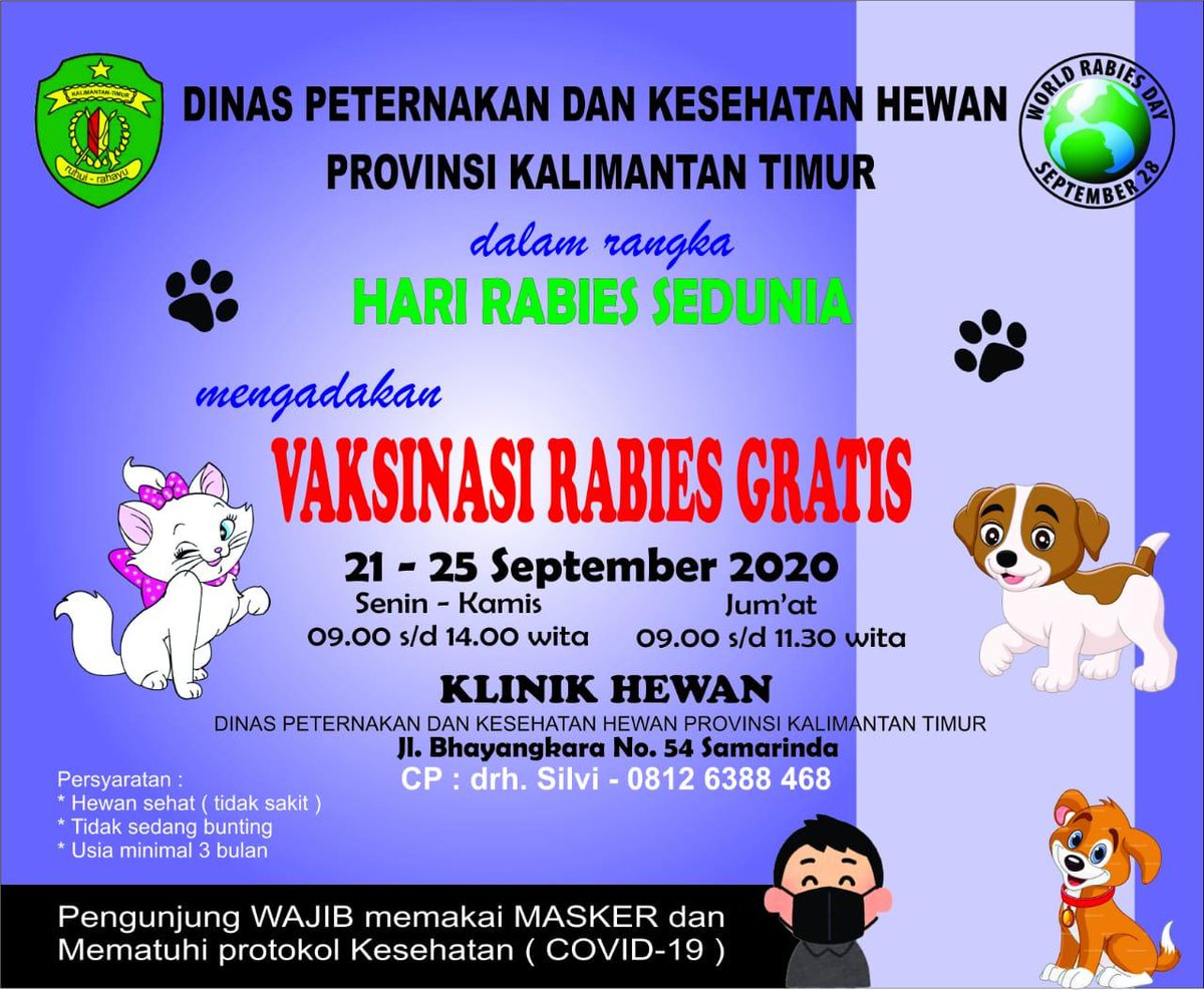 disnakkaltim's tweet photo. Klinik hewan @disnakkaltim bakalan ada vaksinasi gratis dlm rangka "Hari Rabies Sedunia"...
Jangan lupa catat waktu, tempat &amp; tanggalnya..!!!
🐺🐱🐶🐻🐵🐈🐩🐾🐾
#Sikomandan 
#miniranch 
#KUR
#kaltimberdaulat https://t.co/3blZyRd1Rf