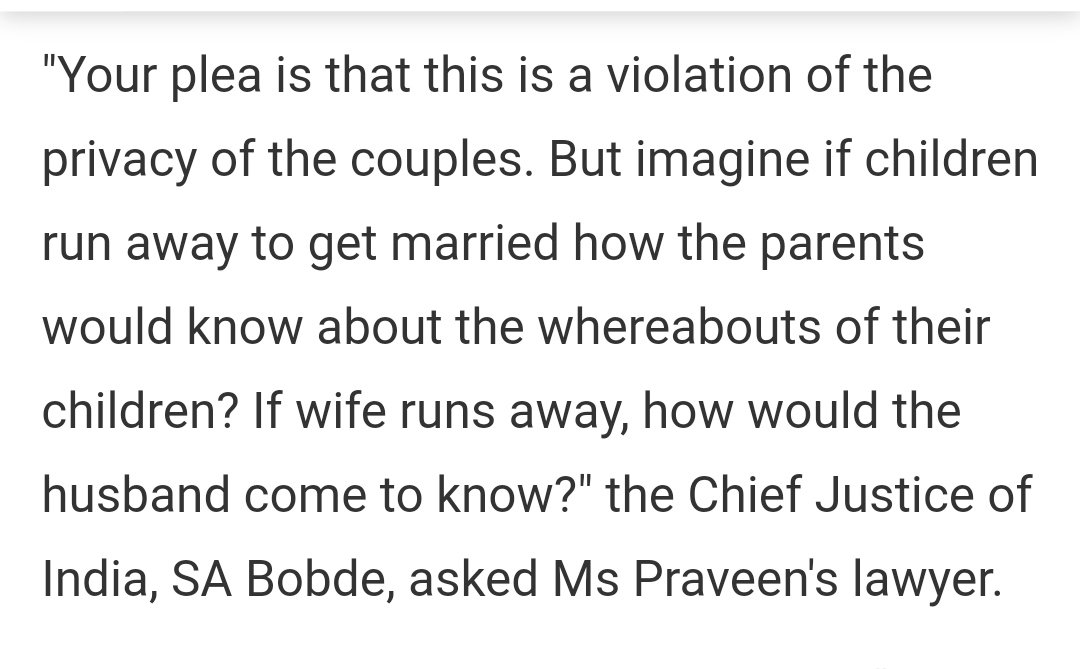 Chief Justice of India, in response to a plea for right to privacy of couples marrying under Special Marriage Act (defying parental disapproval, caste/faith barriers), says parents have a right to know where their offspring have fled. Heard of rampant honour crimes your Honour?